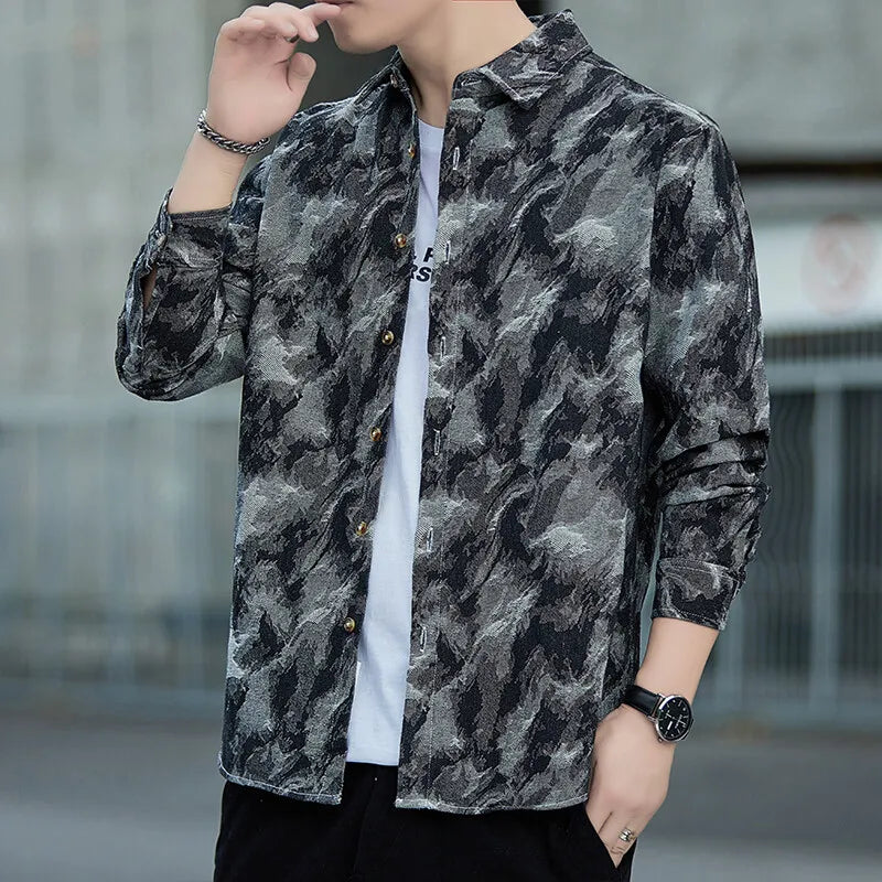 2026 Men's Blue Denim Long Sleeve Shirt,Black Single Breasted Lapel Plaid Shirts, Fashion Casual Loose Top