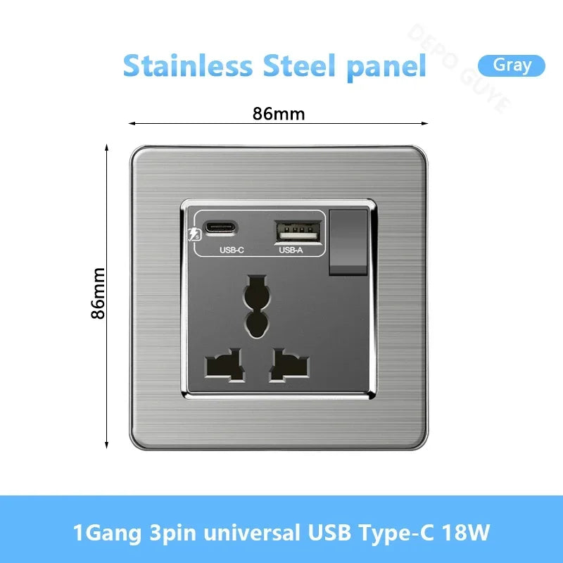 Universal Wall Light Switch Brushed Stainless steel Panel,UK Type-c 18W Quick Charging Socket 220V Double USB Electrical Outlet