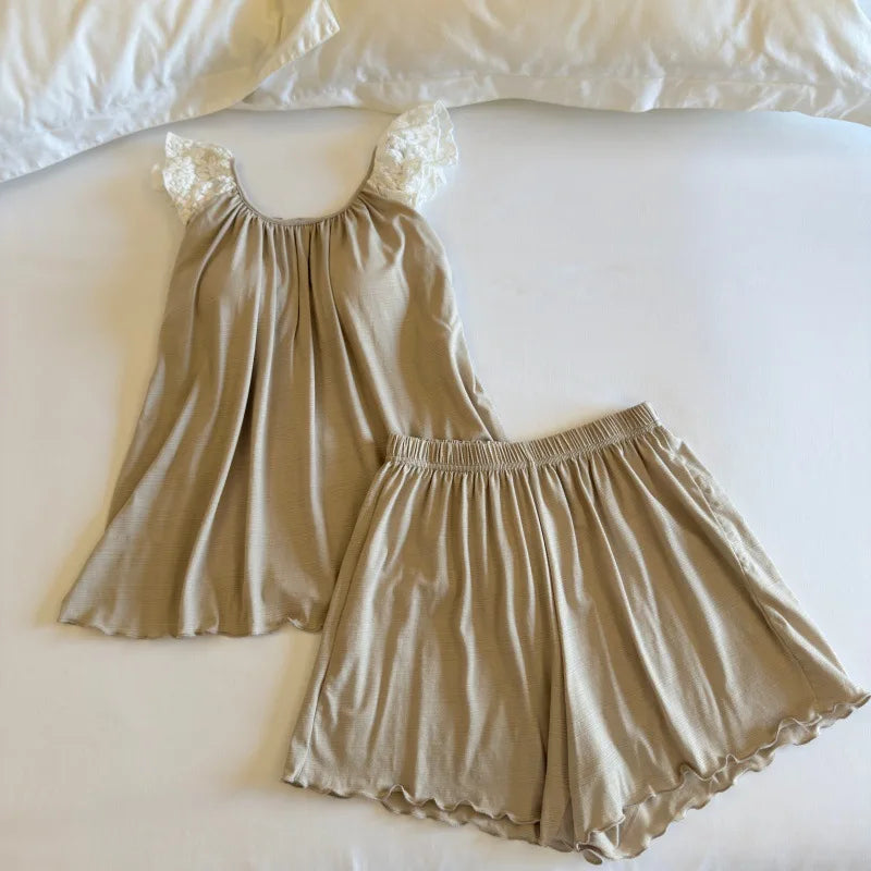 Summer 2 Piece Ladies Night Suit Thin Pijama Sleeveless Top and Shorts Homewear Casual Chest Pads Sleepwear Women's Pajamas