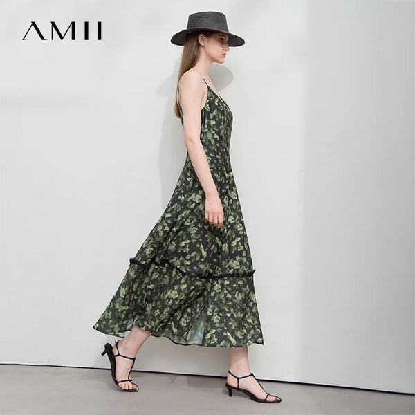 រ៉ូប Amii Minimalism សម្រាប់វិស្សមកាលធម្មតាឆ្នាំ ២០២៦ រដូវក្តៅថ្មីសម្រាប់ស្ត្រី រ៉ូបផ្កាចង្កេះស្ដើងបែប Vintage Crinkle Chiffon 12542080