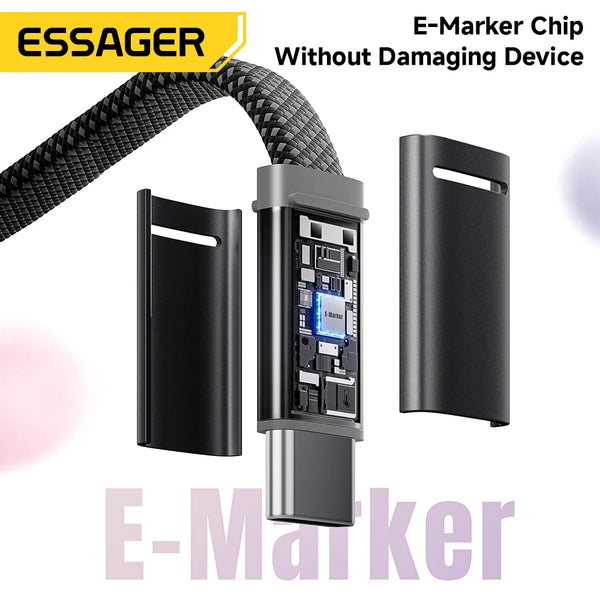 ខ្សែសាក ESSAGER 100W USB C ទៅ Type C Slim 5A PD សាកថ្មលឿនសម្រាប់ MacBook iPhone 17 16 Pro Max iPad Xiaomi Laptops USB-C Data Cord