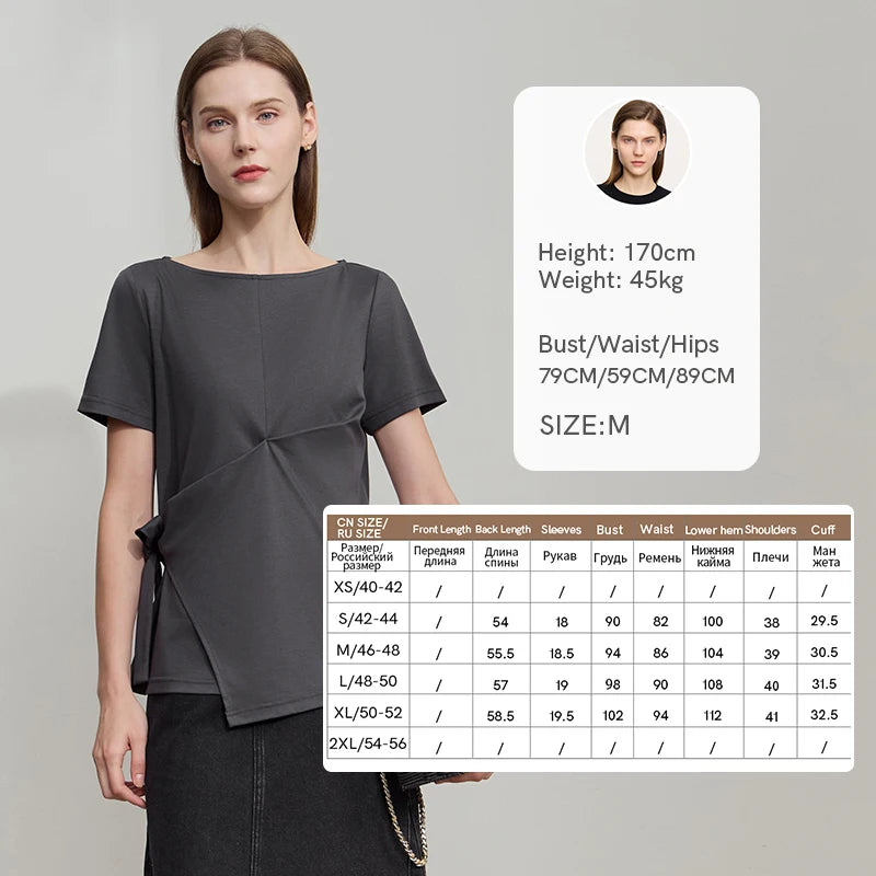 AMII Women Casual Summer T-shirt 2026 New Short Sleeve Slash Neck Tie-up Piece Pleated Cotton Tee Woman Slim Top 12552035
