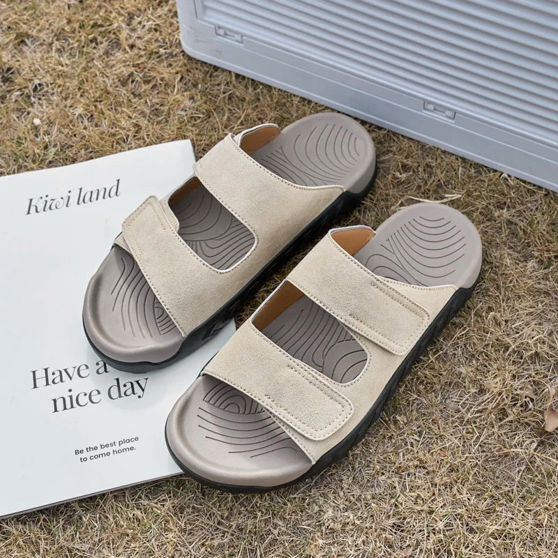 Men's Suede Slide Sandals with Adjustable Straps Comfort Footbed Non-slip Casual Slippers for Summer Indoor Outdoor Beach