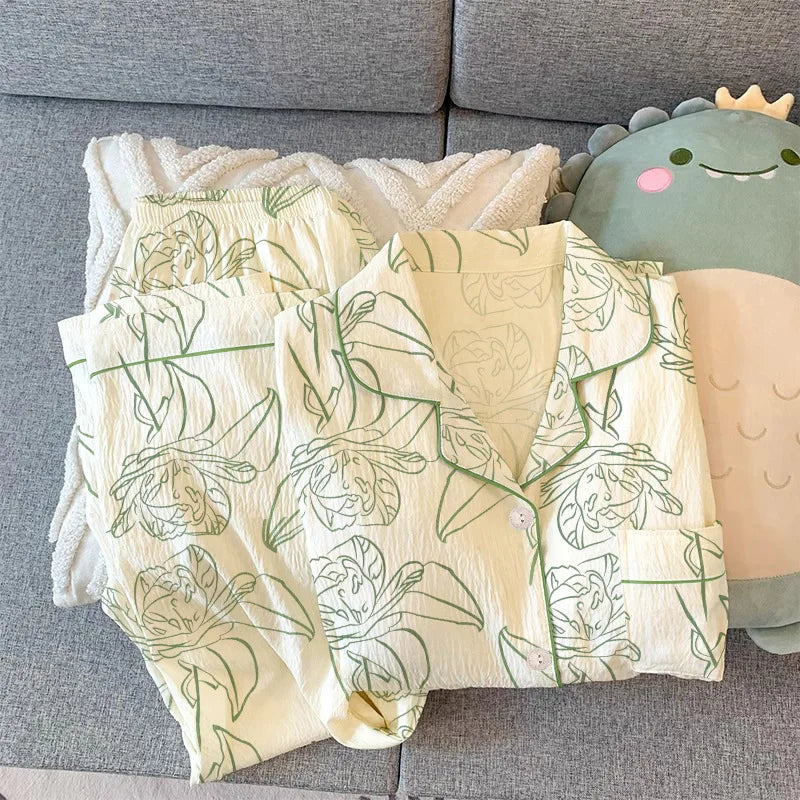 Fashion Printed Women's Pajamas Set Lapel Collar Shirt Trousers Sets Spring Autumn Sleepwear Pyjamas Femme Night Home Suit