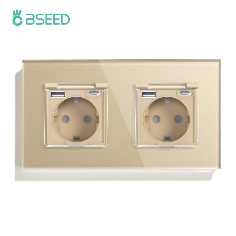 BSEED EU Standard Single Power Socket With Waterproof Cover Double USB Type-C Outlets Triple Plugs 16A Glass Panel 110-250V