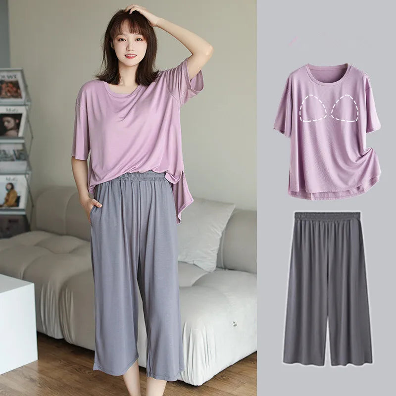 Fdfklak Casual Chest Pads Women Summer Pajamas Set Modal Short-Sleeved Cropped Pants Suits Outside Wear Sleepwear Home Clothes