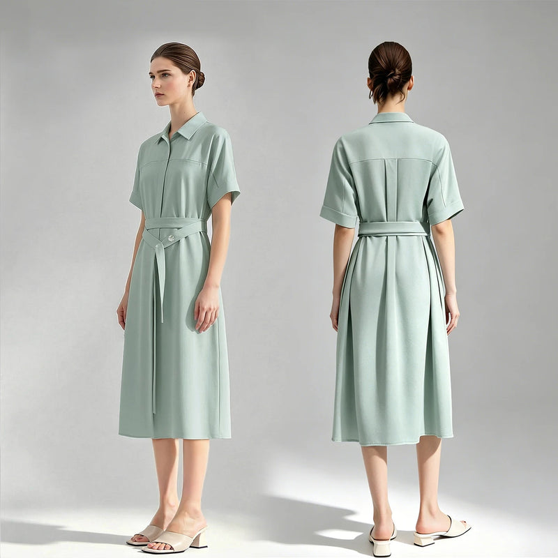 Amii Women's Casual Dresses 2026 Summer New Lapel Collar Dolman Sleeve With Belted Loose Office Shift Dress For Women 12642200
