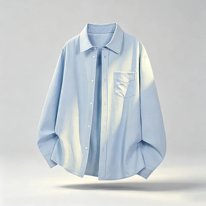 Mens Basic Solid Button Up Shirt Long Sleeve Turn Down Collar Chest Pocket Loose Cut Daily Casual Shirt