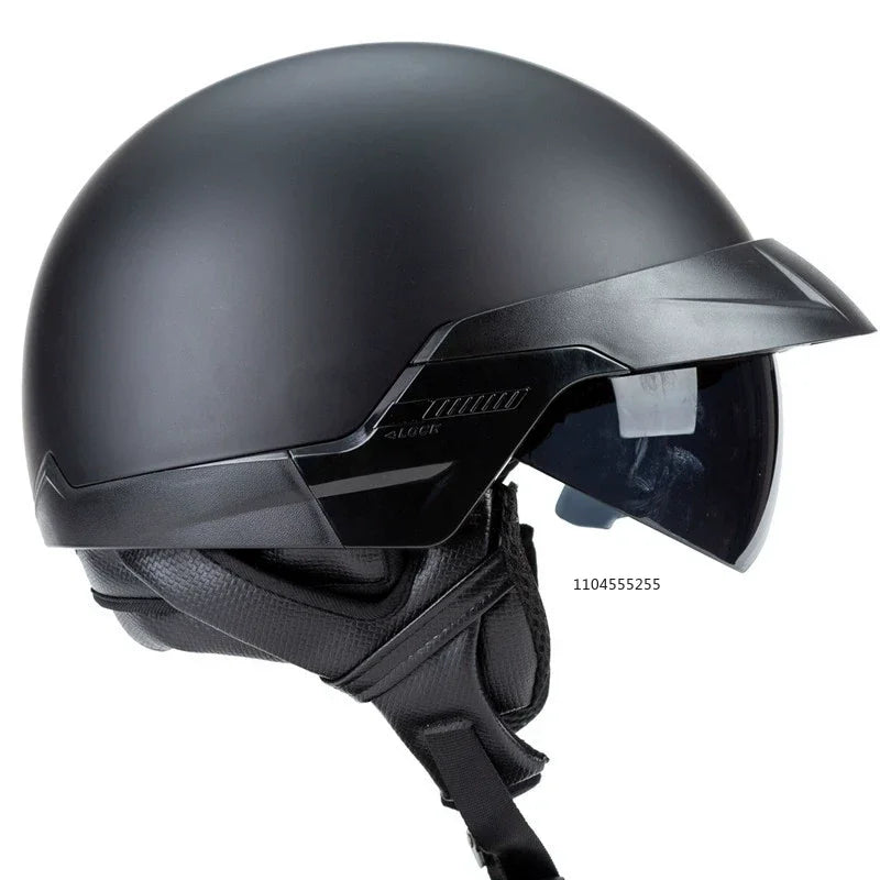 មួកសុវត្ថិភាពម៉ូតូបែបបុរាណ មុខបើក មួកសុវត្ថិភាពពាក់កណ្តាលបែប Cruiser បែប Vintage ជាមួយកញ្ចក់ការពារកម្តៅថ្ងៃ ប៊ូឡុងដោះរហ័ស ទទួលស្គាល់ដោយ DOT