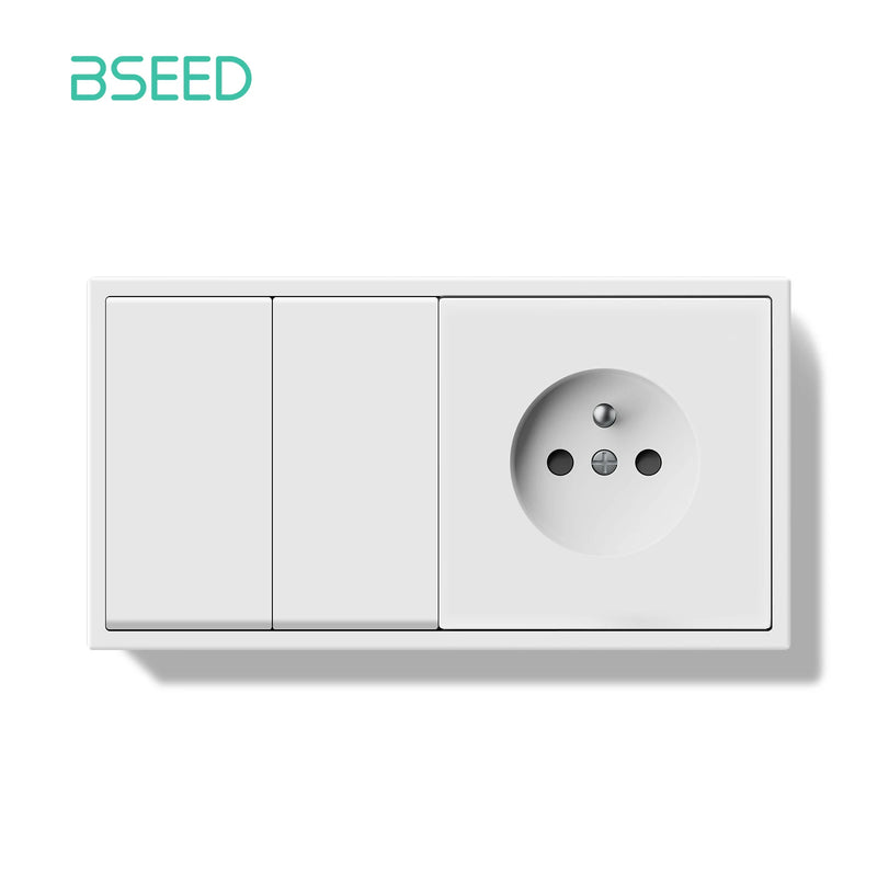 BSEED Mechanical Button Switch 1/2Gang 1Way With Wall French Socket Wall Light Switch Plastic Frame Switch On Off Black Color