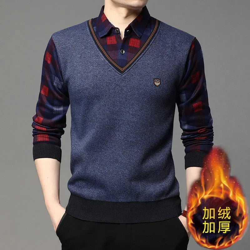 Slim Fit Fake Two Piece Sweater Men Stretch Knit Thermal Fleece Lined Plaid Long Sleeve Collared Office Travel Outfit