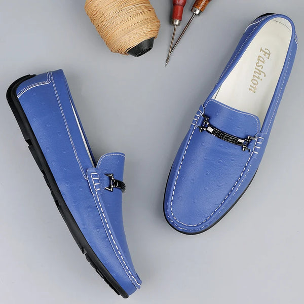 Men's Ostrich Embossed Loafers, PU Leather Slip On Driving Shoes with Metal Buckle, Orange/White/Black Casual Shoes