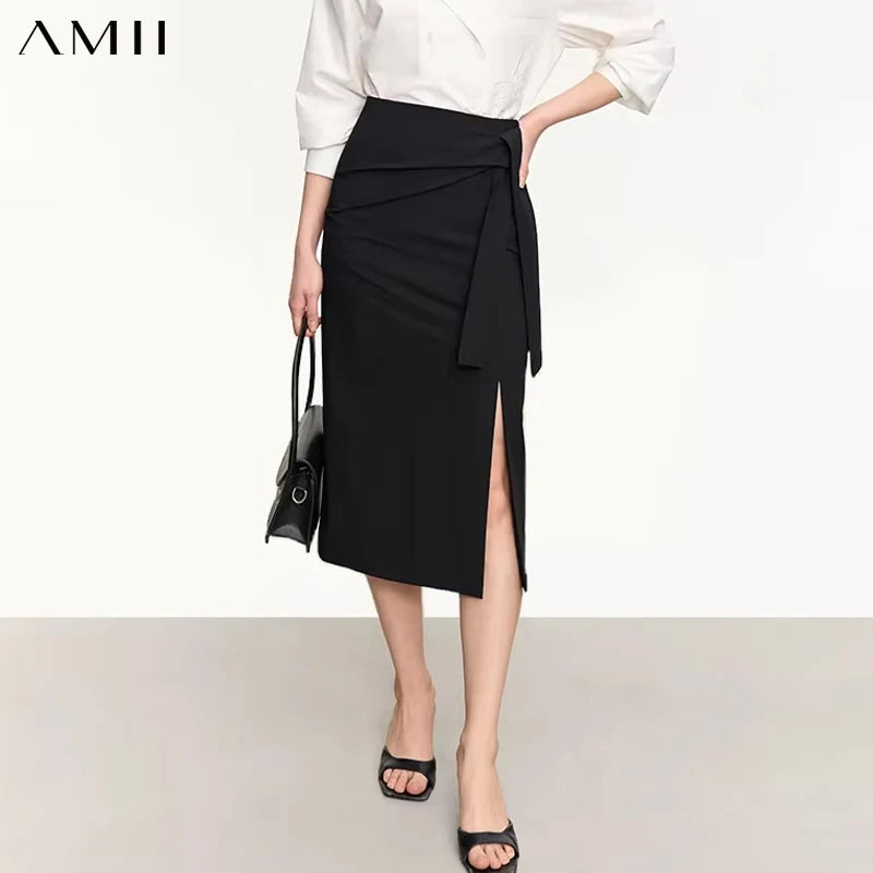 AMII Minimalist 2026 Autumn Skirts For Women New Temperament Tie Split Straight A-Line Solid Skirt Office Lady Clothing 12342411