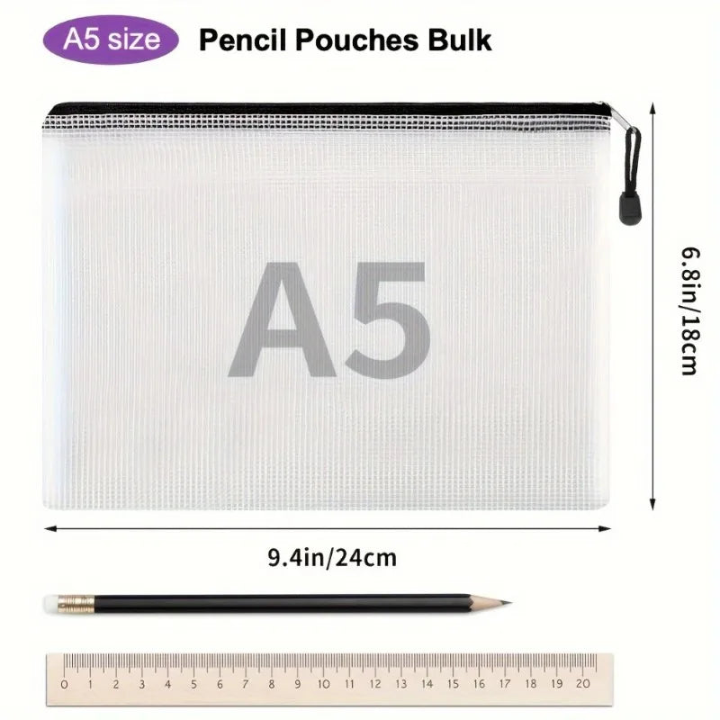 5pcs A5 PVC Mesh Zipper Bags - Storage Pouches for Documents Suitable for Home, School, And Travel. Versatile document folder