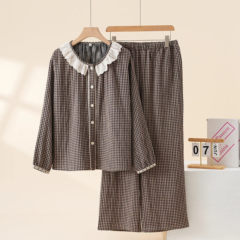Plaid Sleepwear Women Pajamas Sleep Lounge Female Spring Autumn Long Sleeves Trousers Women’s Loungewear Suit 2-piece Nightwear