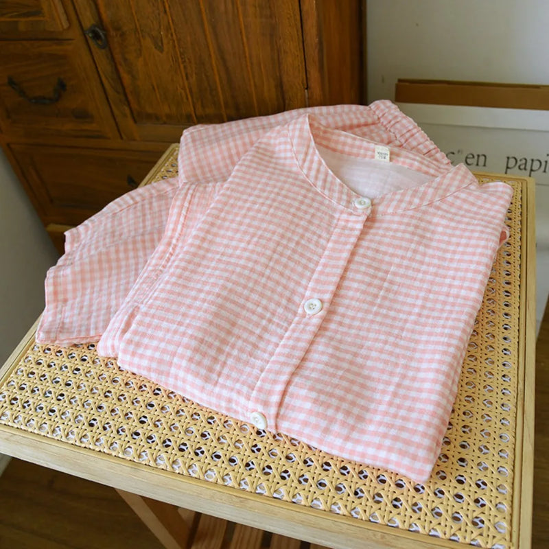 Plaid Sleepwear Clothes For Men's and Women's Cotton Summer Short Sleeved Long Pants Two-Piece Pajamas Set Couple Home Clothes