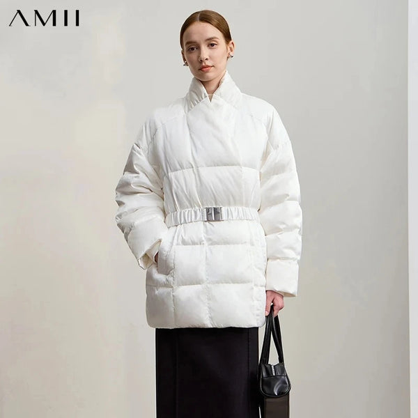 AMII Down Coats 2026 Winter New Stand-up Collar With Belt Long Sleeve Top Warm Straight Solid Color Down Jackets Woman 12544049