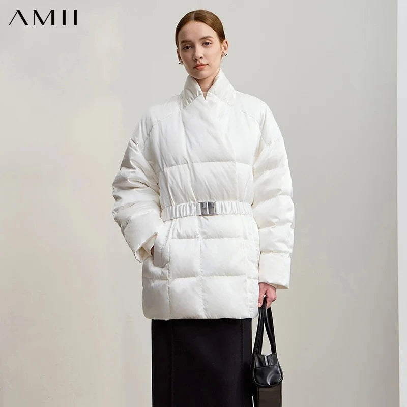 AMII Down Coats 2026 Winter New Stand-up Collar With Belt Long Sleeve Top Warm Straight Solid Color Down Jackets Woman 12544049