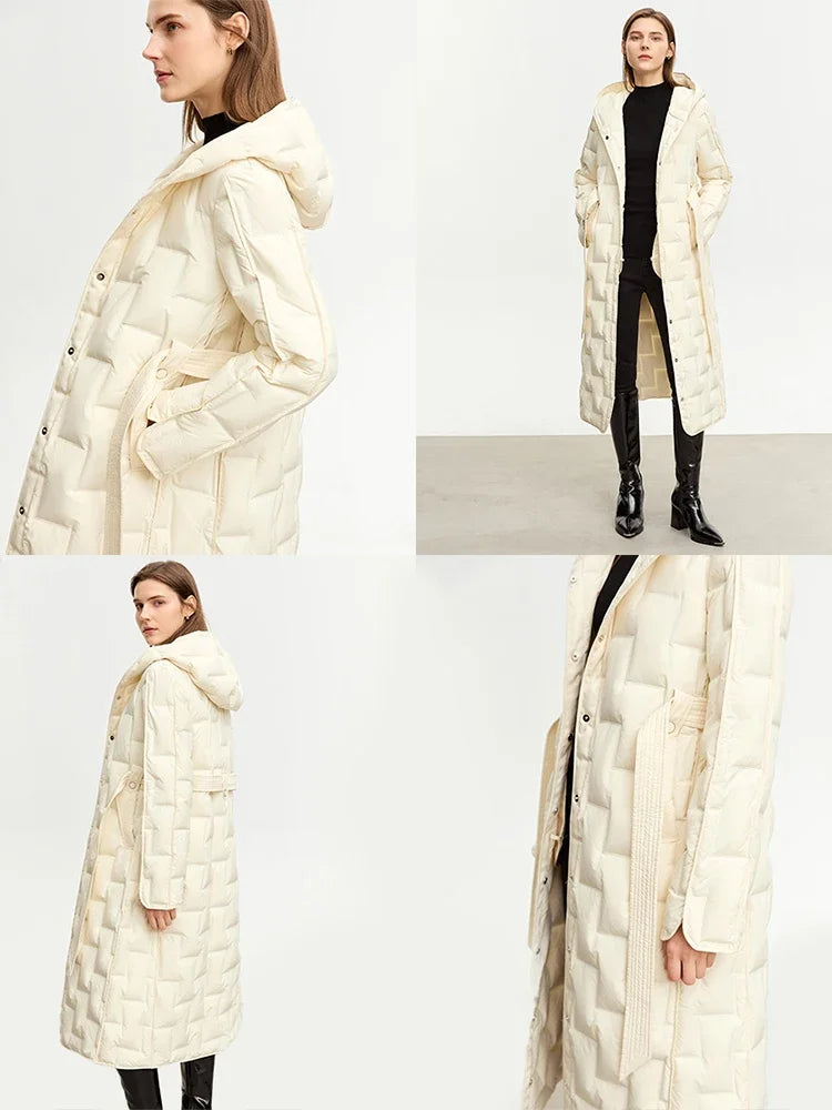 AMII Minimalist Duck Down Jacket For Women New 2026 Winter Solid Long Thick Warm Hooded Coat With Belt Trendy Outerwear 12324013