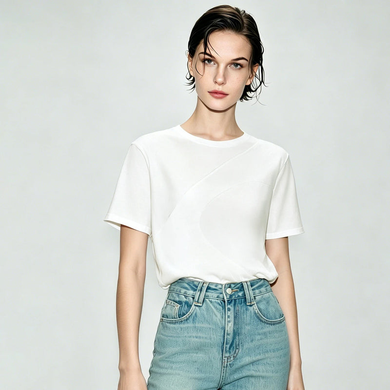 Amii Women's T-Shirt 2026 Summer New Round Neck Patchwork Satin Trim Short Sleeve T Shirt Woman Loose Office Casual Top 12622192