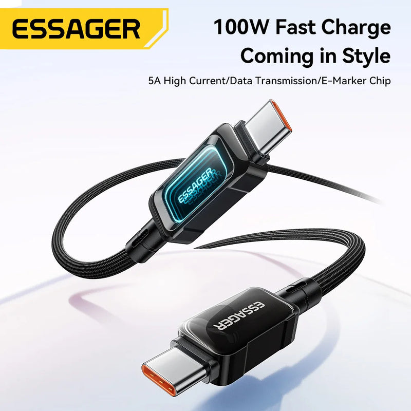ខ្សែសាក Essager 100W USB Type C សម្រាប់ iPhone17 16 15 5A PD សាកថ្មលឿនសម្រាប់ Macbook iPad Samsung Xiaomi LED Type C ទៅ Type C Cable