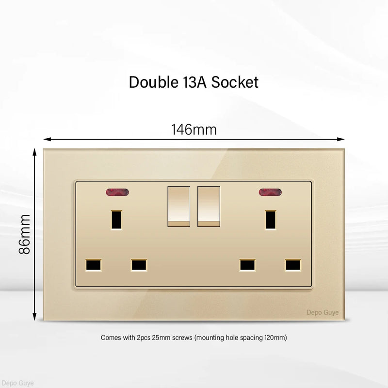 Gold UK 13A Tempered Glass Dual Socket,Universal Power Outlet With USB Type C 18W Quick Charge,Home Light Electric Switch Panel