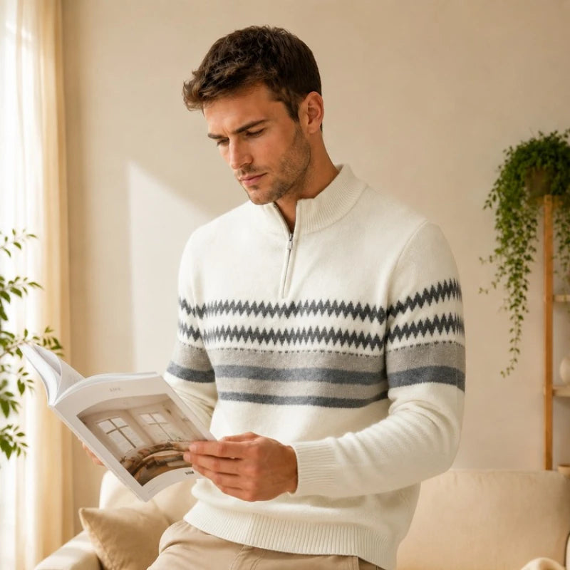 Men's Half-Zip Mock Neck Knit Sweater Fashion Geometric Pattern Casual Business Pullover Autumn Winter Warm Pullover