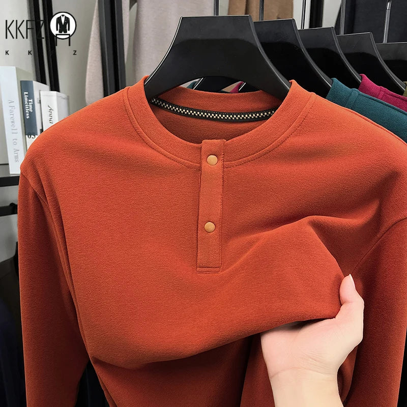 Male Comfort Henley Pullover Long Sleeve Thermal Fabric Two Button Front Breathable Travel Casual Garment