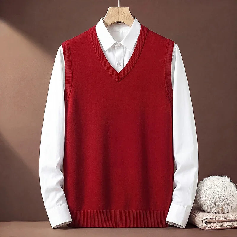 V Neck Sleeveless Plain Knit Vest For Men Soft Handfeel Knitwear Business Formal Sweater Tank Top Autumn Layering Clothes