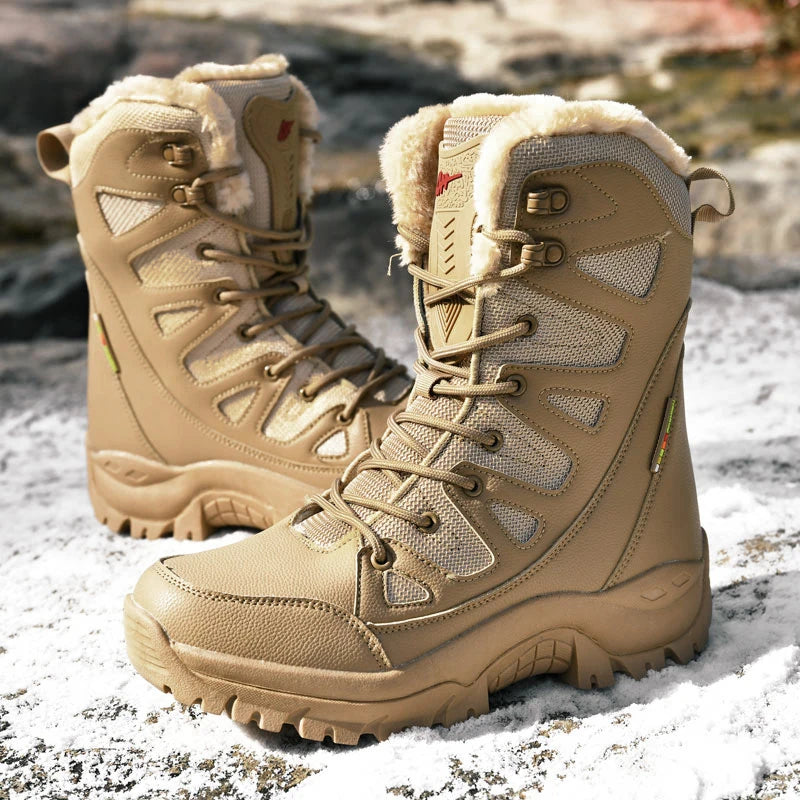 Men Women's High-Top Cotton Boots Winter Warm Plush Casual Snow Hiking Boots Outdoor Forest Protection Tactical Training Boots
