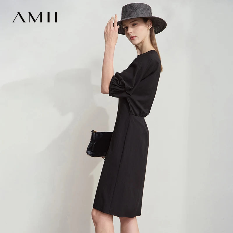AMII Women Elegant Summer Dresses 2026 Round Neck Lantern Sleeve Solid Dress Female New Fashion Office Lady Clothing 12542030
