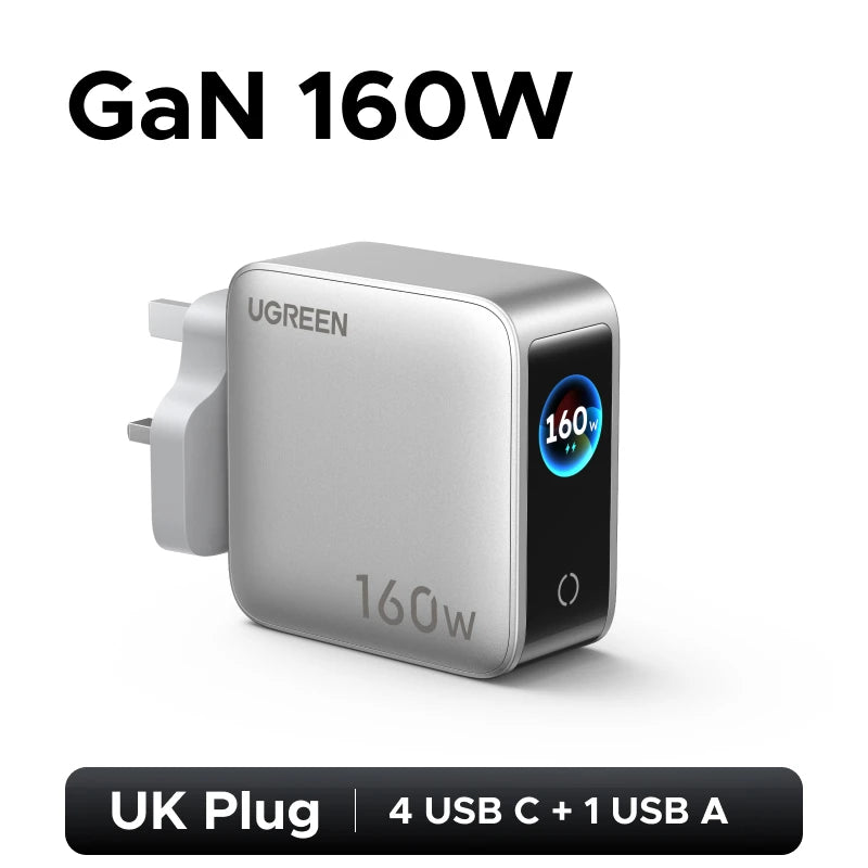 UGREEN 160W GaN Charger With Smart Display AVS PD 3.1 140W QC4.0 For MacbookPro Laptop iPhone 18 17 iPad Tablet SamsungS25 Ultra