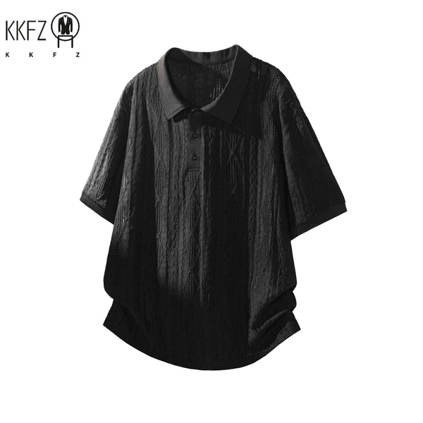 Men Lapel Collar Polo Short Sleeve Top Rhombus Jacquard Weave Partial Button Closure For Youth Casual Street Fashion Style