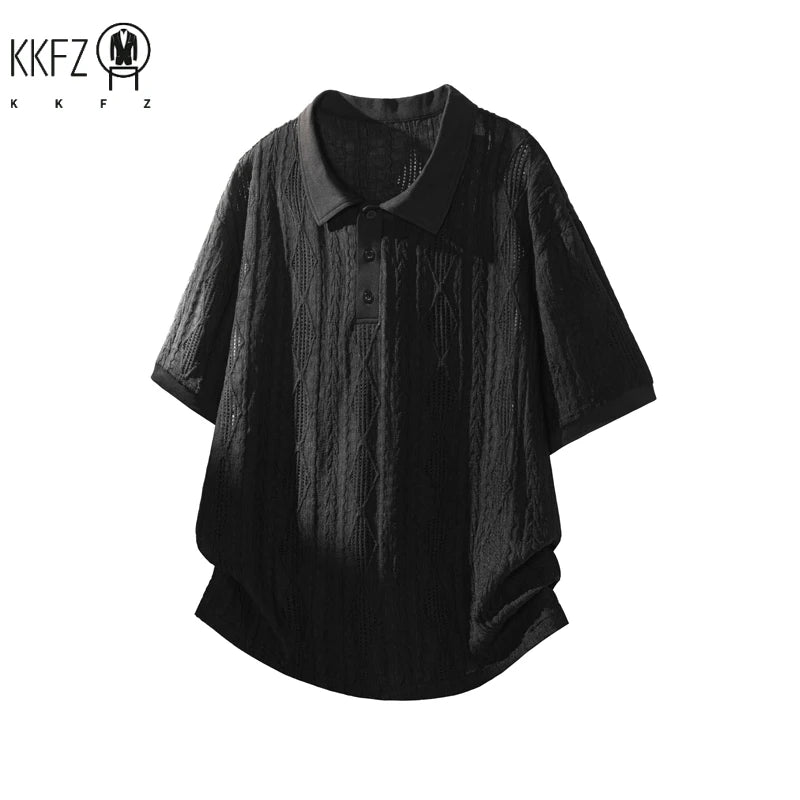 Men Lapel Collar Polo Short Sleeve Top Rhombus Jacquard Weave Partial Button Closure For Youth Casual Street Fashion Style