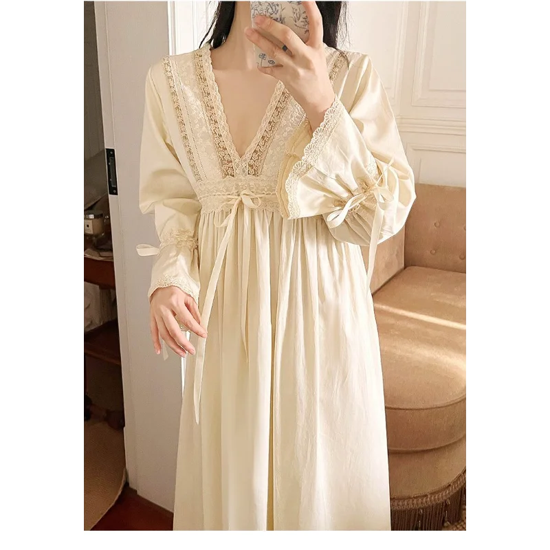 Solid Color Pullover V-neck Long Sleeve Fashion Casual Women's Nightgowns Sleepwear Women Night Gown Sleep Dress Loose