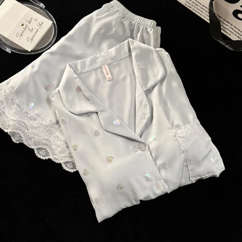 2 Piece Pajamas Set for Women Summer Chest Pads Loungewear Elegant Short Sleeve Button Lapel Collar Top New Women's Sleepwear