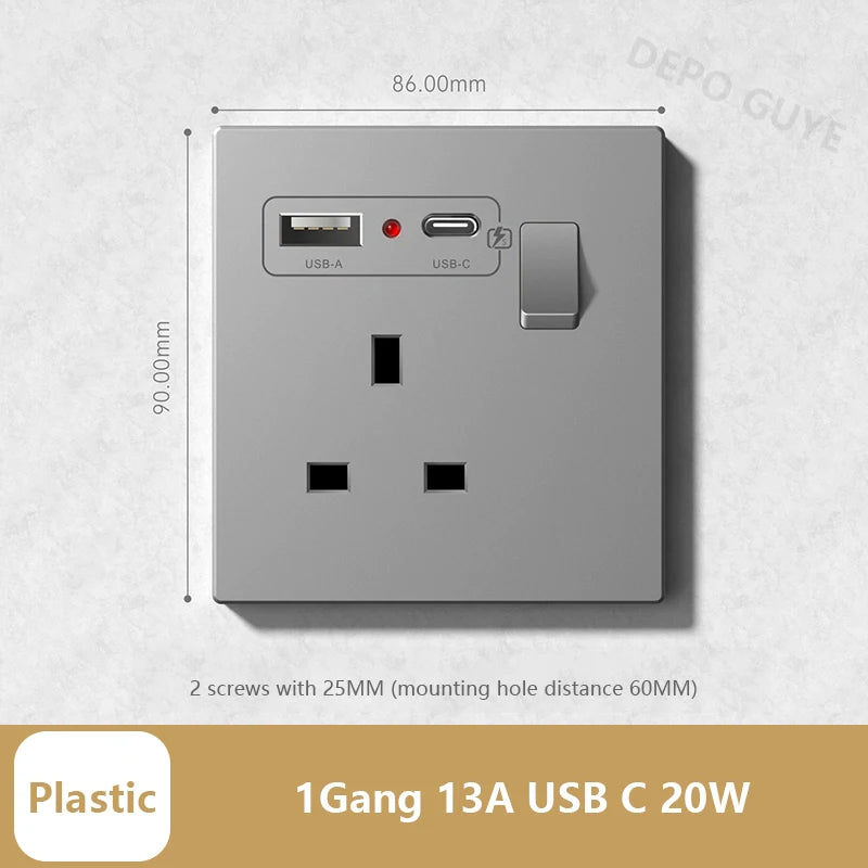 Universal 20W Type-C Wall Quick charge Socket,Dual Switch control Universal Power outlet,White UK Standard USB Interface Socket