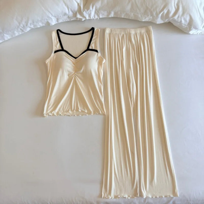 Sleeveless Nightwear Women Pajama Women's Home Clothes Chest Pad Homewear 2 Pieces Sleepwear for Summer Suit Long Pants Pijama