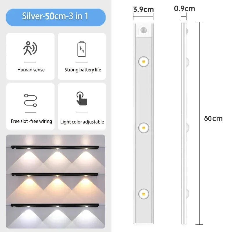 3 in 1 Under Cabinet Lights Wireless Lamp with Motion Sensor Night Lights for Kitchen Bedroom Wardrobe Closet Desk 20/30/40/50CM