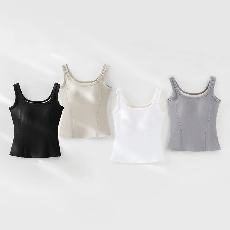 One Piece Pajamas Women Comfortable Splicing Thermal Vest Chest Pad Seamless Sleepwear Top Cotton Autumn Winter Base Shirt