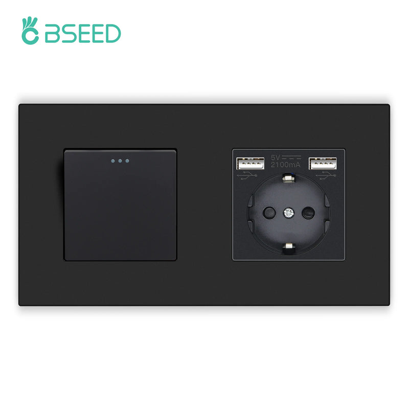 BSEED Mechanical Button Switches With Power Socket 1/2/3Gang 1Way Plastic Panel Electrical Outlets USB Type-C Wall Socket 16A