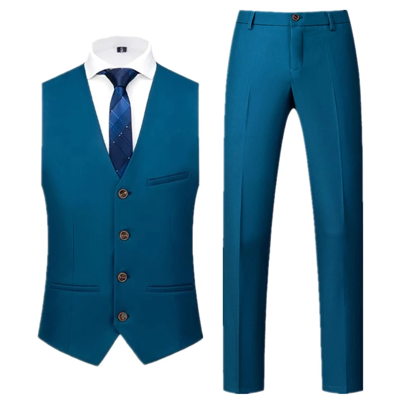 2026 Men's Bright Red V-Neck Sleeveless Vest with Pants, Green Gray Black White Purple Waistcoat and Trousers Asian Size Sets