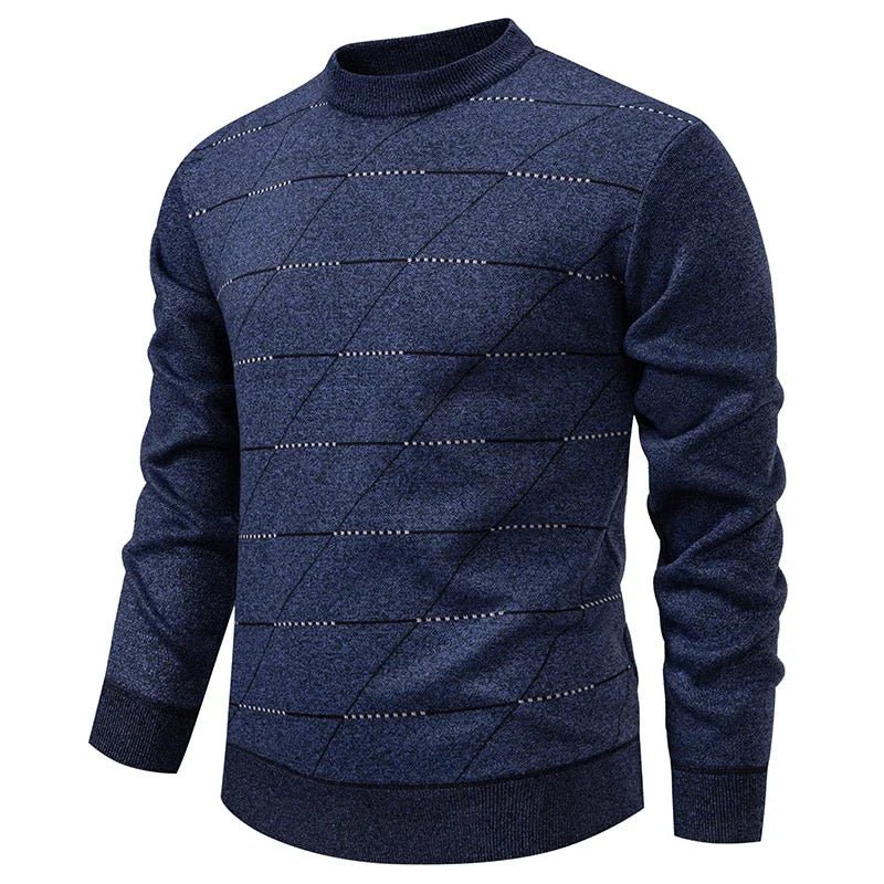 Diagonal Grid Pattern Male Knitted Top Fleece Lined Crew Neck Business Casual Long Sleeve Cold Season Knit Jumper
