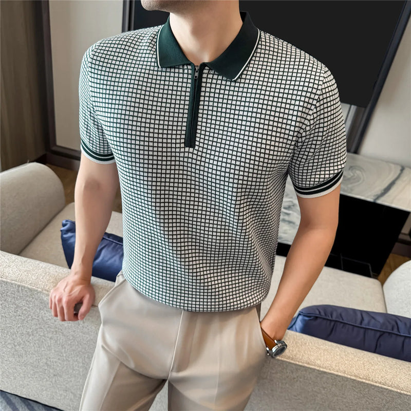 Men's Summer Slim Fit Knitted Polo Shirt - Mature Style Short Sleeve Grid Pattern Business Casual Top with Contrast Collar