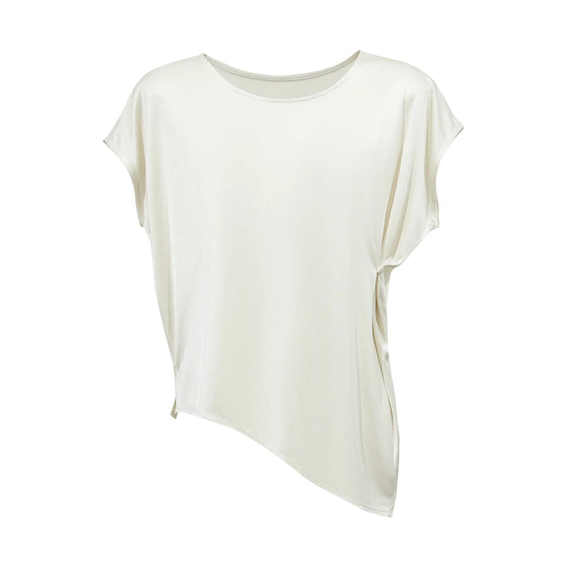 Amii Women's T-Shirt 2026 Summer New Acetate O-Neck Asymmetric Split Hem Flowy Top Loose Fit Office Casual Tee Women 12622220