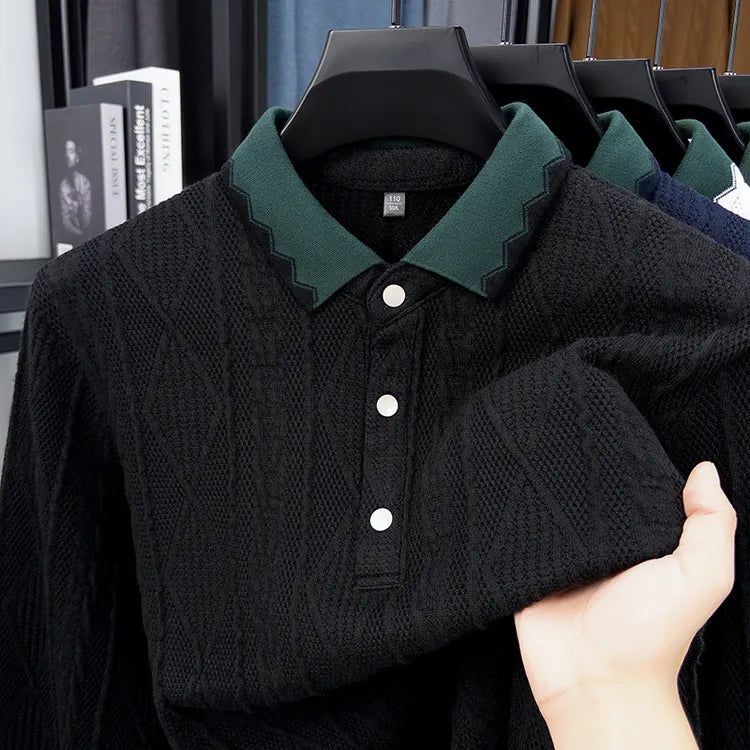 Men's Jacquard Knit Polo Shirt with Color-Blocked Collar - Premium Fabric, Fine Stitching for Business Casual Wear
