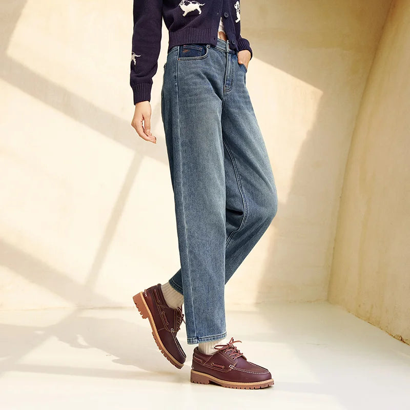 Semir Women Jeans Fleece Lined Elastic Waist Tapered Loose Fit Hip Covering 2026 Streetwear Vintage Denim Pants