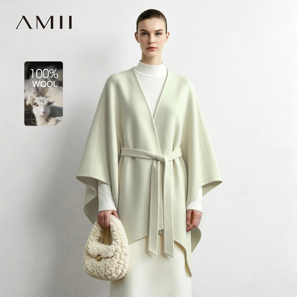 Amii Double-Faced Wool Coat Dolman Cape V-Neck Belted Oversized Minimalist Commuter 2026 Winter Women Coats 12654017