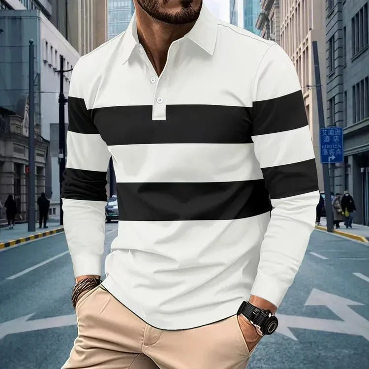 Long-Sleeve Polo Shirt Men's, Black White Stripe, Casual Spring Autumn, S-3XL