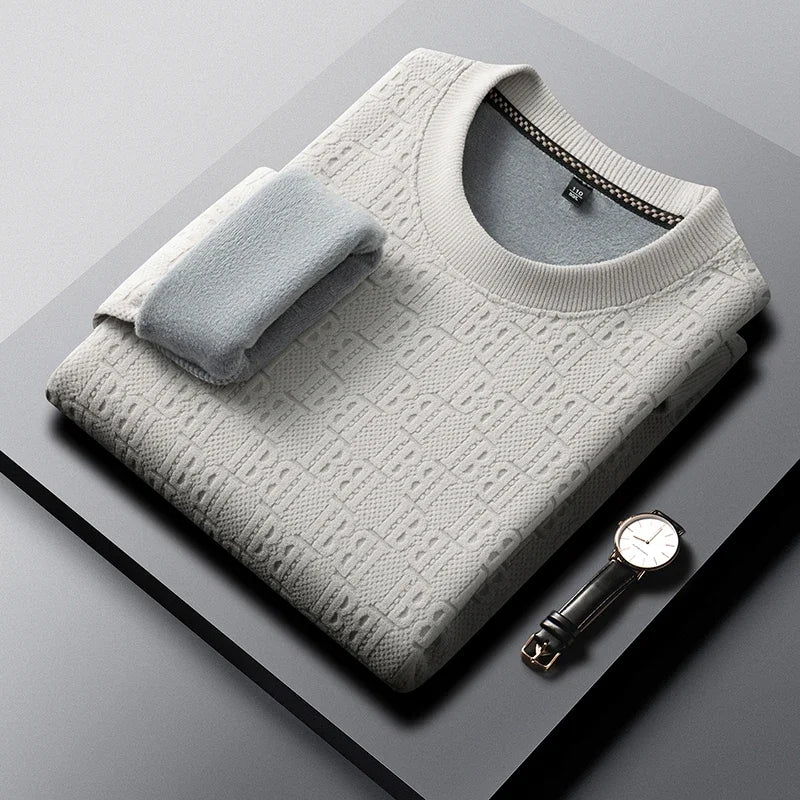 Men Thick Fleece Lined Knit Pullover Long Sleeve Crew Collar Full Embossed Letter Relax Fit Daily Wear Top